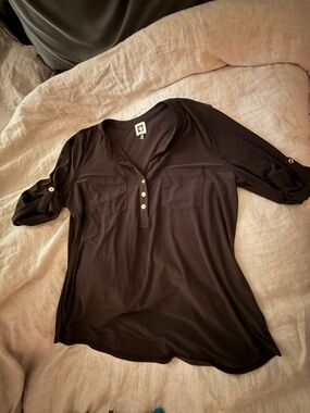 Anne Klein Brown Button-Front Roll-Sleeve Blouse